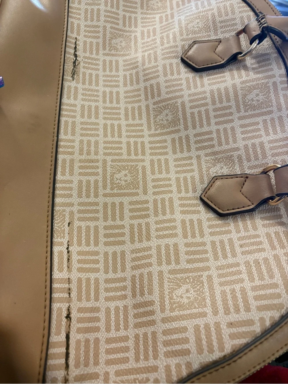 Anne Klein Tan Logo Dome Satchel with Gold Emblem